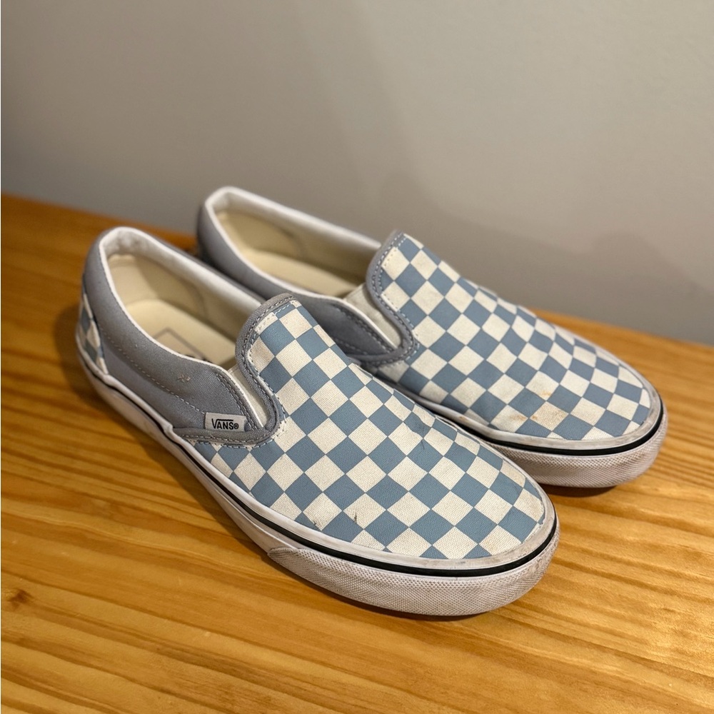 Vans Light Blue and White Checkered Slip-Ons